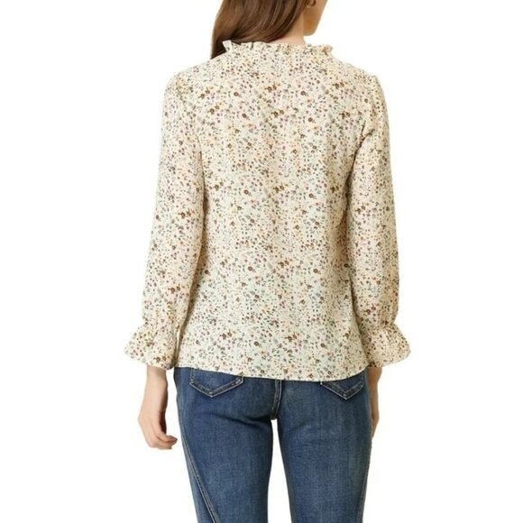 Tie Ruffle Collar Button Down Long Sleeve Floral Blouse autumn - Picture 4 of 6